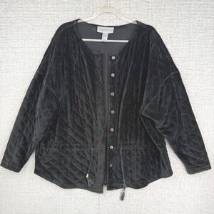 Classiques Sport‎ Petites Quilted Velvet Button Up Jacket Black SZ PL Drawstring